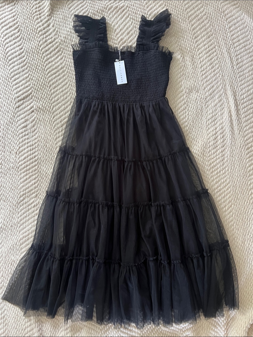 Baltic Born Black Smocked Bodice Tiered Tulle Midi Dress NWT